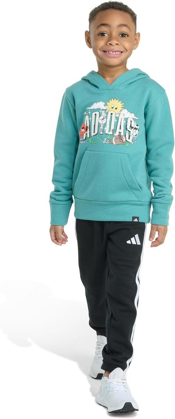 Adidas Boys' 7 Teal Long Sleeve Graphic Fleece Pullover Hoodie Streetwear R1-9